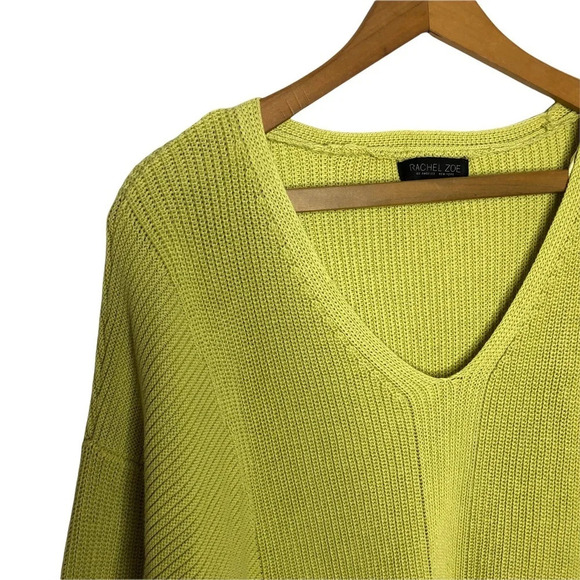 RACHEL ZOE Pale Chartreuse Ribbed Knit Button Cuff V Neck Sweater - Picture 3 of 9